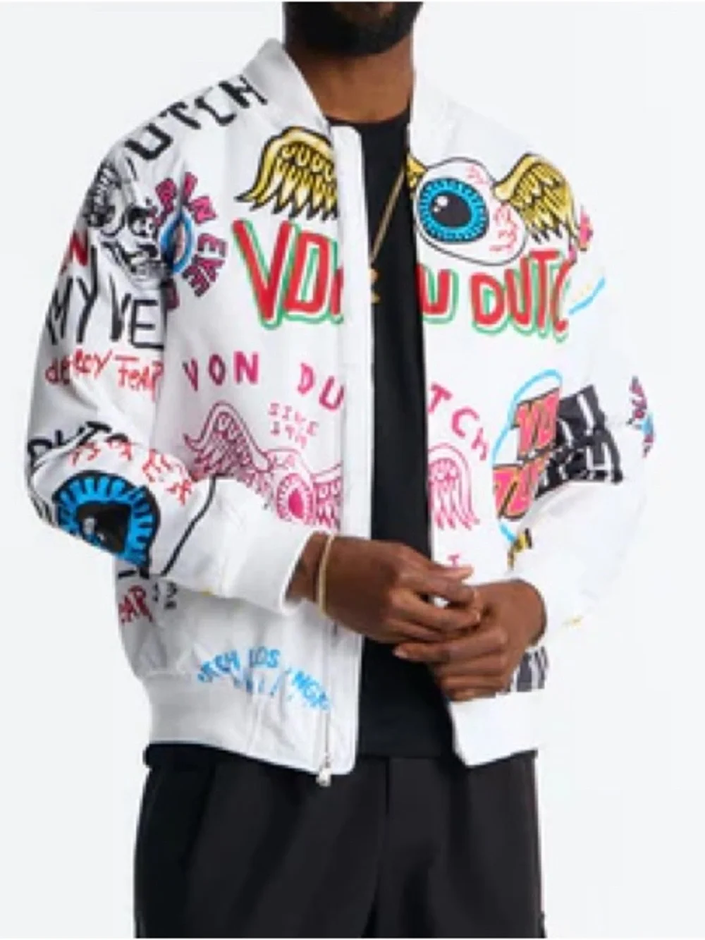 •White Jax• Von Dutch White Graphic Bomber Jacket | Y2K Streetwear Zip Jacket